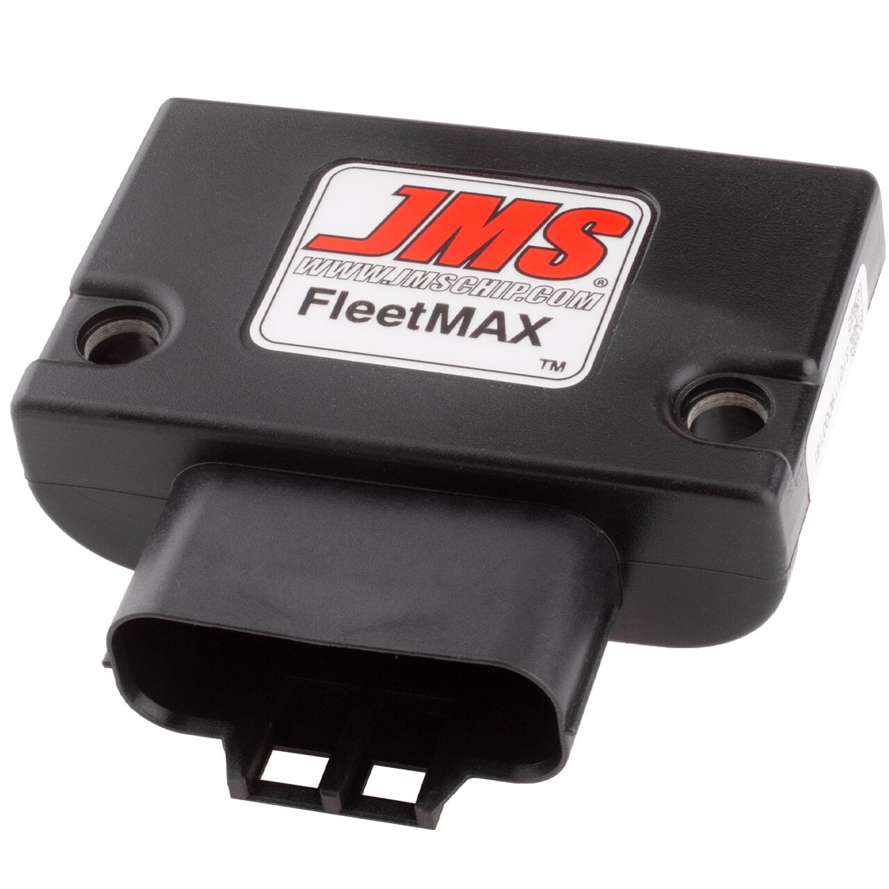 A black electronic device labeled JMS FleetMAX with a website address, featuring two mounting holes and a connector port at the bottom.