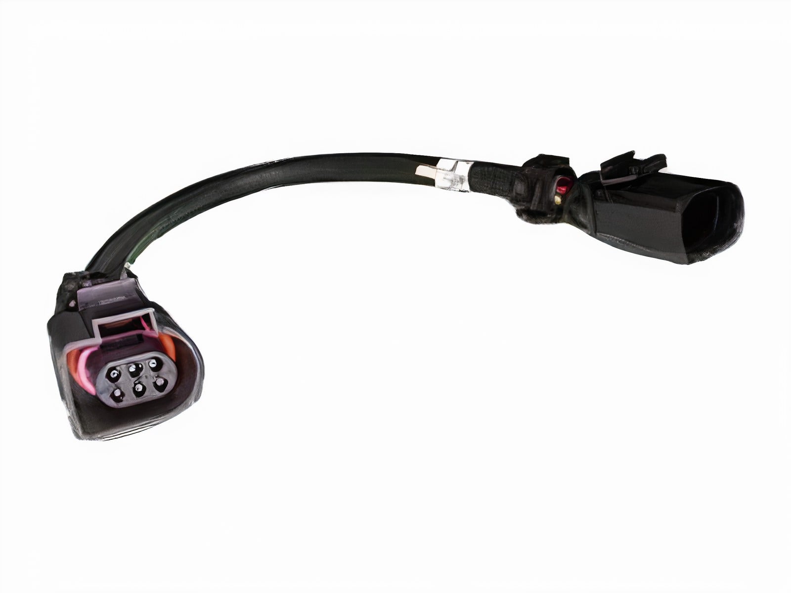 A close-up of an automotive electrical wiring harness with a flexible black conduit and multi-pin connectors on both ends, designed for vehicle electronic systems.