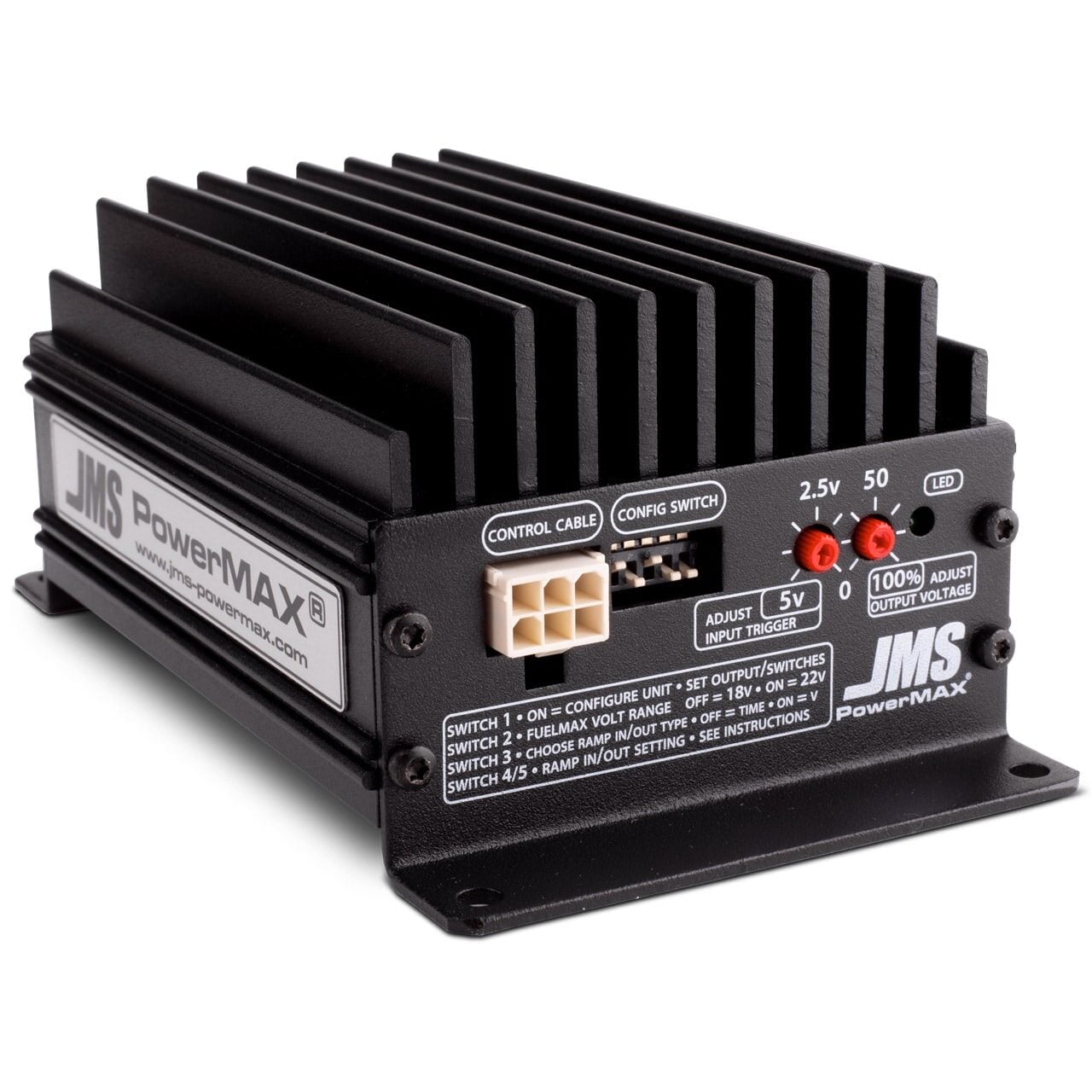 A black JMS PowerMAX electronic device with heat sink fins, adjustment knobs, indicator lights, multiple switches, and cable connectors on its front panel.