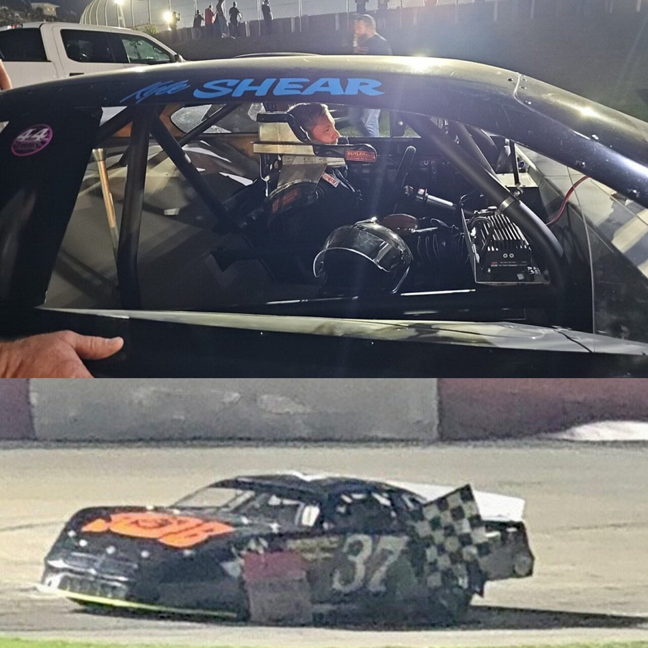 Top: A race car driver sits inside a black car labeled SHEAR on the windshield at night. Bottom: The same black race car, number 37, displays a checkered flag on a racetrack.
