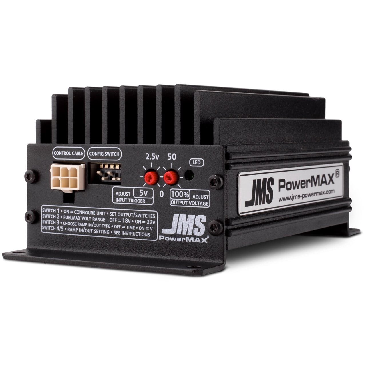 A black JMS PowerMAX electronic device with cooling fins, labeled ports, switches, and adjustment dials for voltage and input trigger on the front panel. The JMS logo and website are visible on the side.