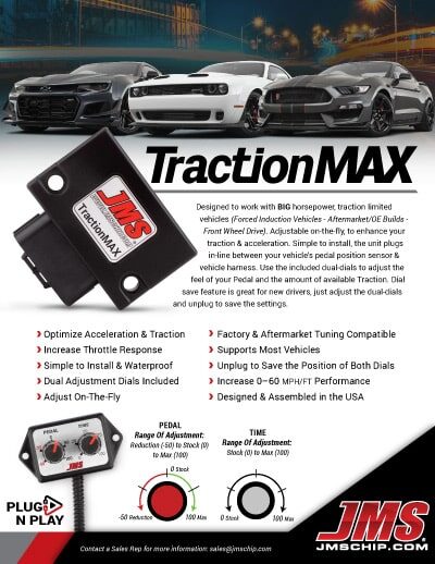 A promotional flyer for the JMS TractionMAX device, showing the product, a control dial, and two white sports cars. Text highlights features like improved acceleration, easy installation, and adjustable settings.