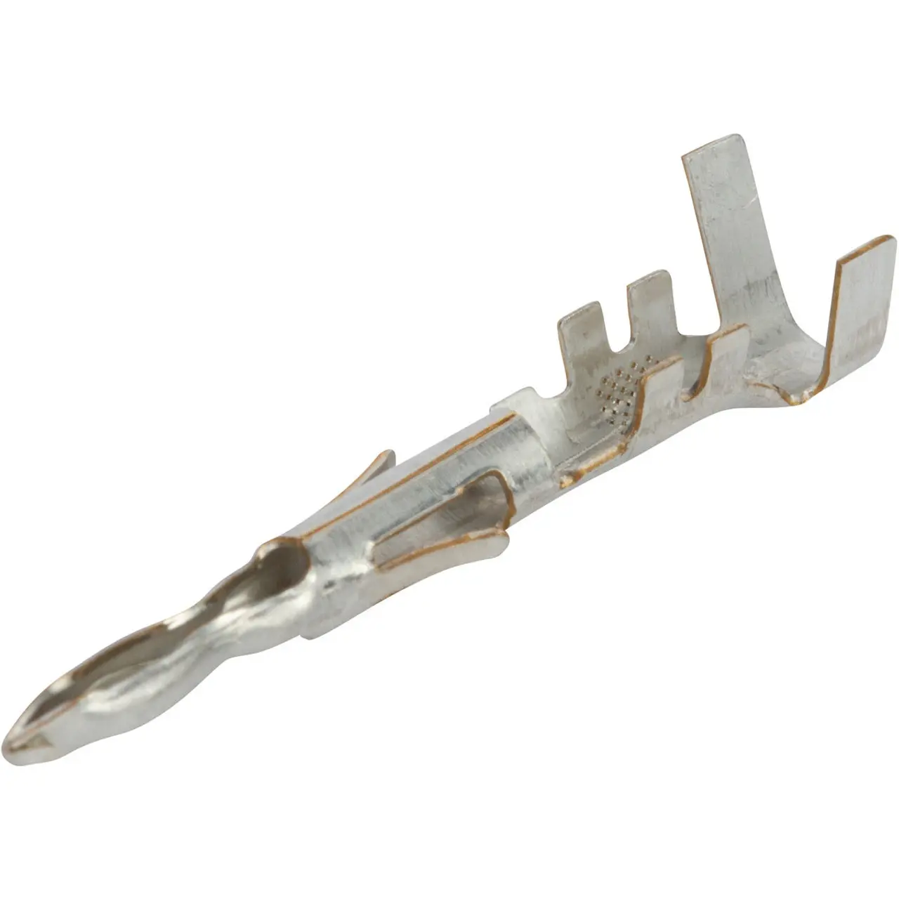 A close-up of a metal electrical terminal connector with notched and curved edges, used for crimping wires in automotive or electronic applications.