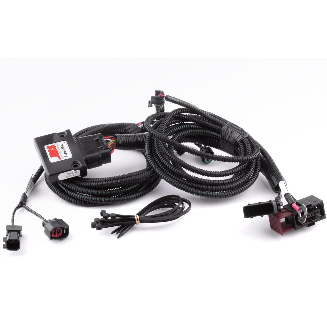 A black automotive wiring harness kit with connectors, a control module labeled JMS, and additional cords, all displayed on a white background.