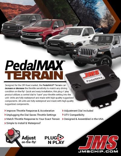 Five off-road vehicles are lined up behind a PedalMAX Terrain device. The ad highlights features like improved throttle response, plug-and-play install, and suitability for trucks and UTVs, with bold branding throughout.