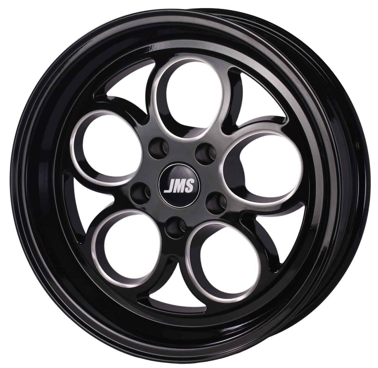 A black alloy car wheel with six large circular holes and a silver center cap displaying the letters JMS. The wheel has a glossy finish and a sleek, modern design.