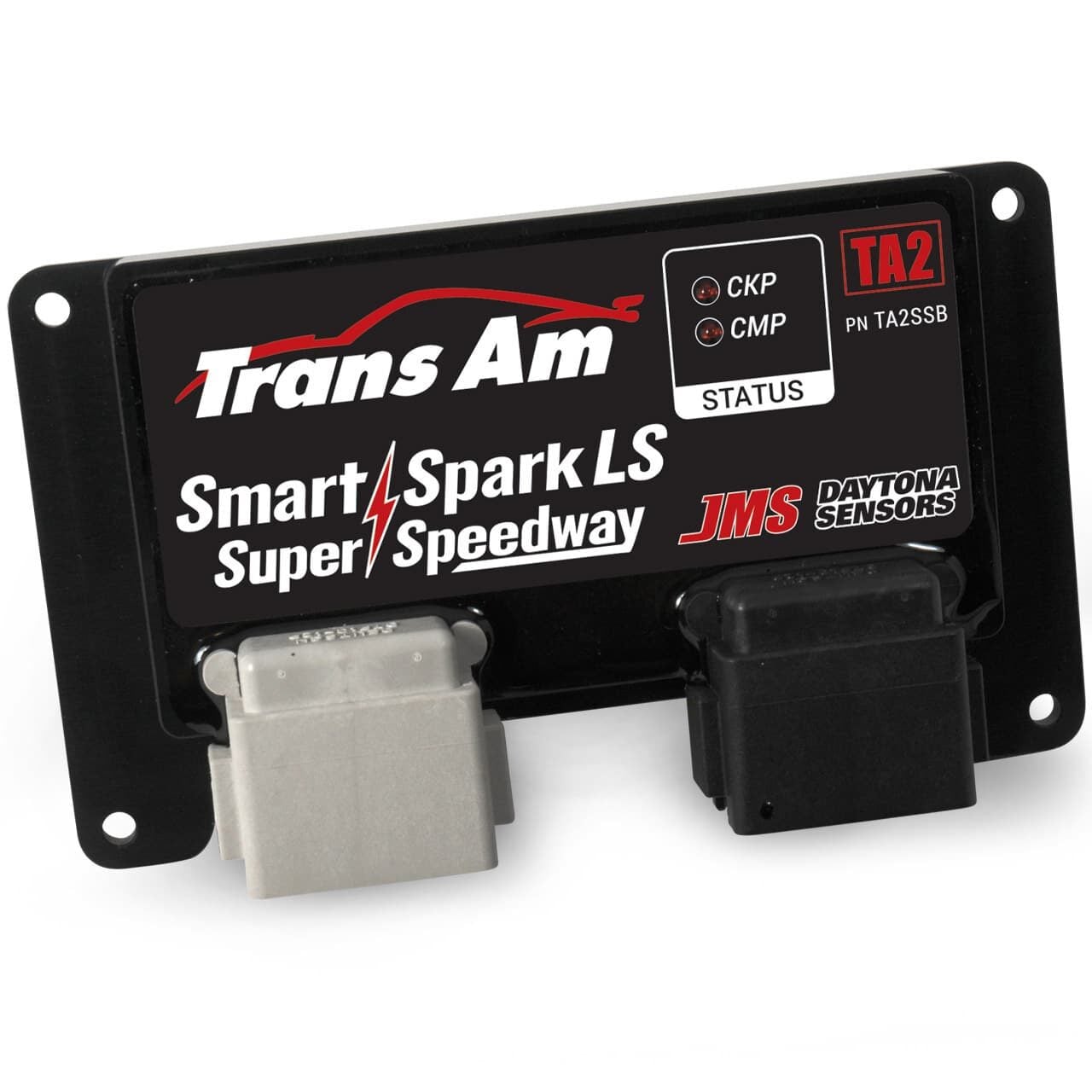 A black electronic automotive control module labeled â€œTrans Am Smart Spark LS Super Speedwayâ€ with two large connectors and logos for JMS and Daytona Sensors. The label also includes CKP, CMP, and STATUS indicators.