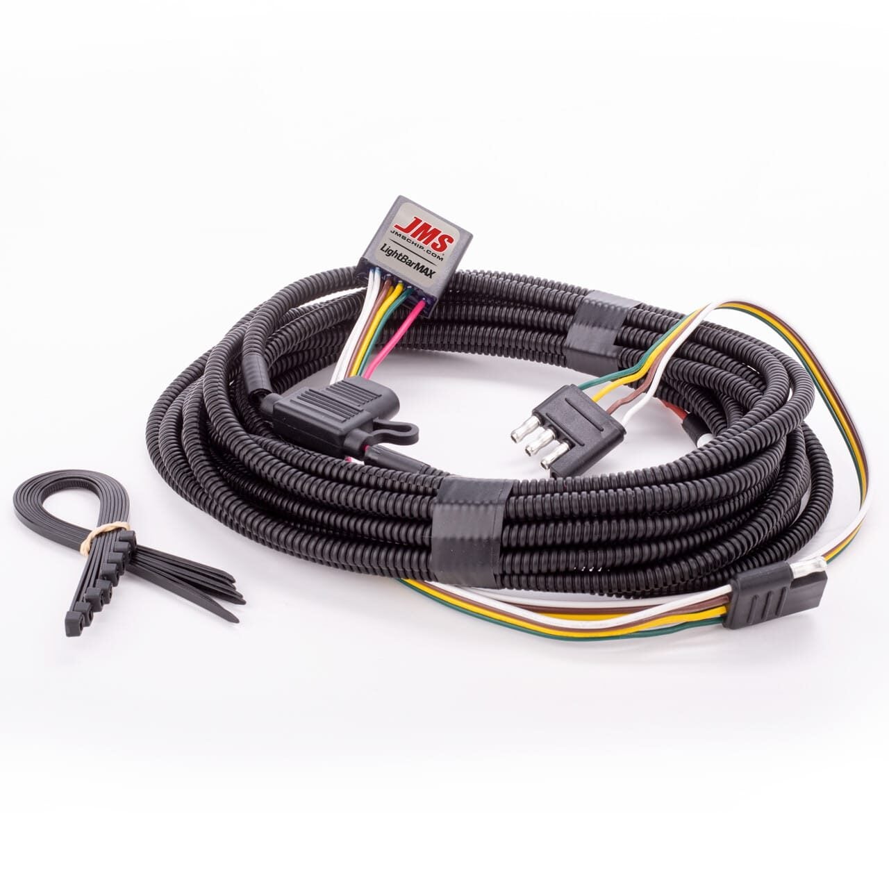 A coiled black automotive wiring harness with multiple connectors, a JMS-branded module, and several zip ties on a white background. The harness includes colored wires and protective tubing.