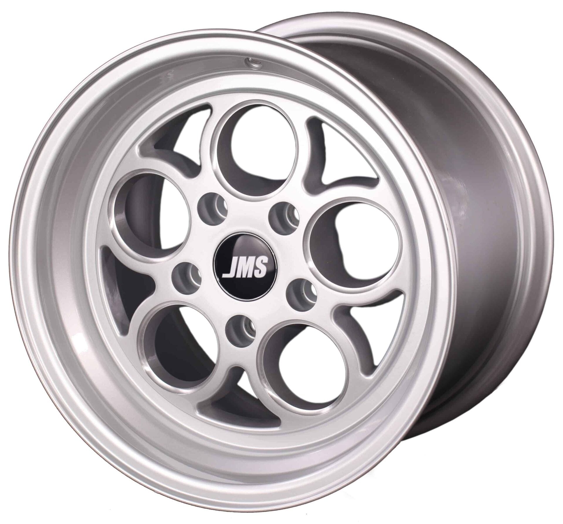 A silver alloy car wheel rim with a multi-spoke, circular hole design and a black center cap featuring the letters JMS in white.