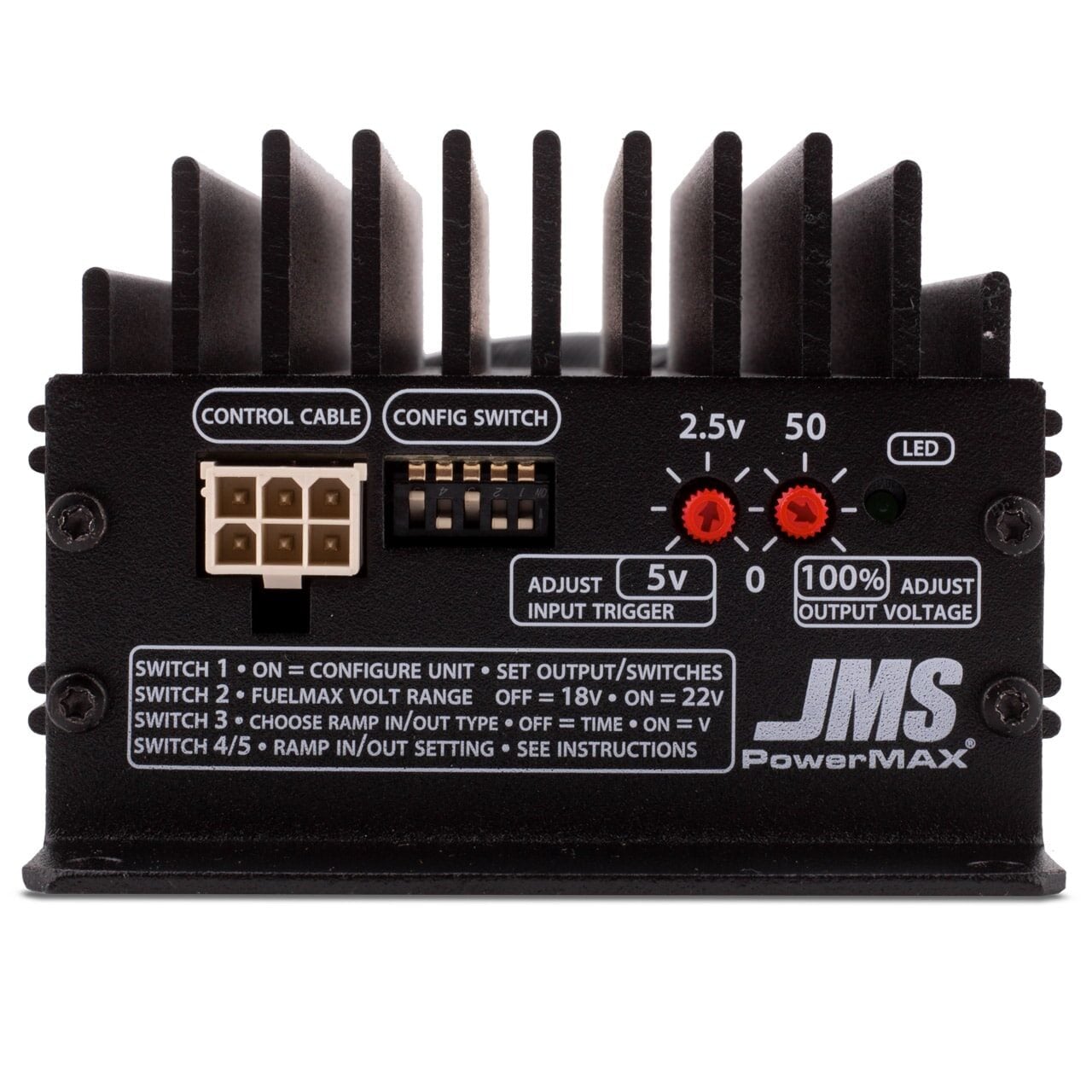 Front view of a JMS PowerMAX device showing control ports, adjusting dials, switches for configuration, indicator lights, and a label detailing switch functions and voltage settings. Black casing with finned heat sink.