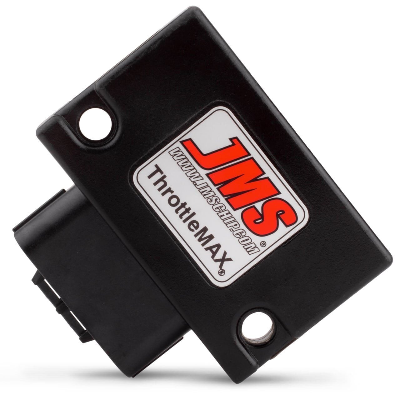 A black electronic module labeled JMS ThrottleMAX with a website URL, featuring two mounting holes and a connector port.