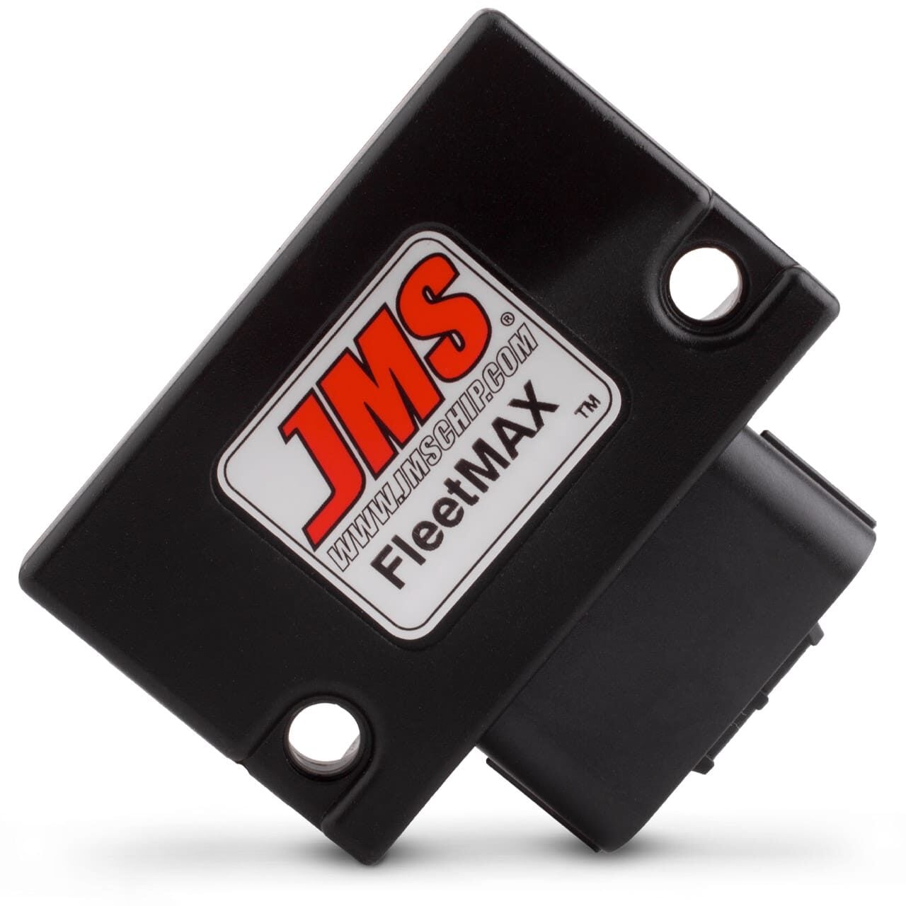 A black electronic device labeled JMS FleetMAX with a website address, featuring two screw holes and a connector port on the side.