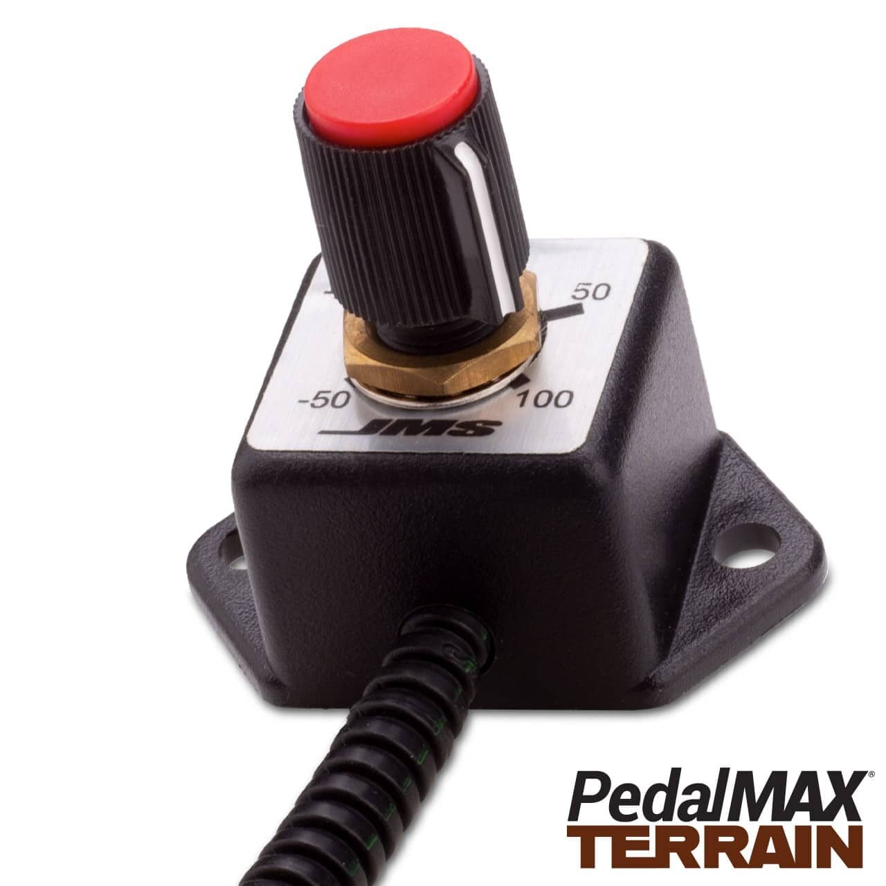 A close-up of a black electronic knob with a red top, mounted on a small box labeled with a scale from -50 to 100. The device has a coiled wire attached and PedalMAX TERRAIN branding in the corner.