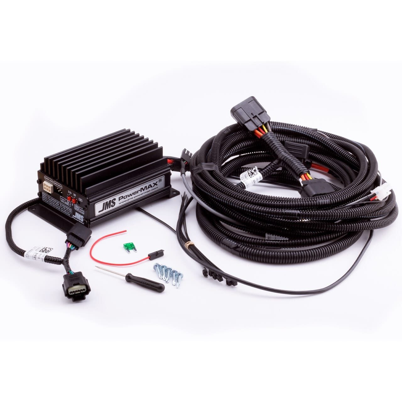 JMS PowerMAX device kit with a black rectangular module, long coiled wiring harness, connectors, fuse, screws, and a zip tie, displayed on a white background.
