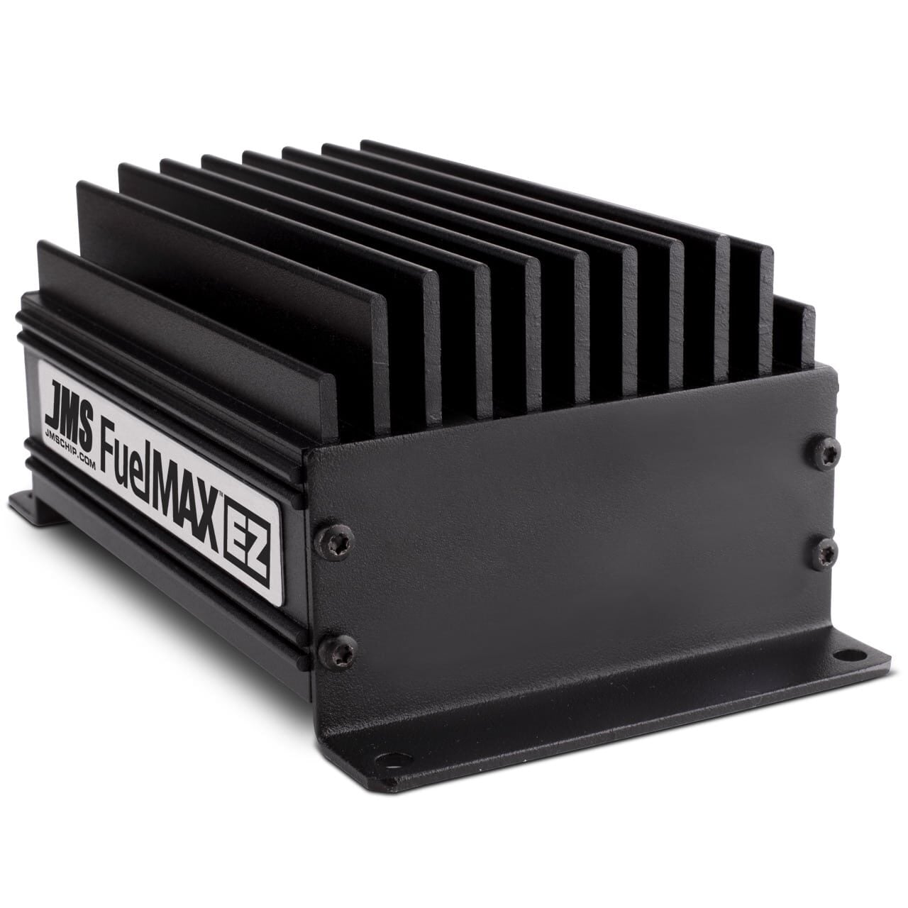 A black JMS FuelMAX EZ electronic device with heat sink fins and mounting plate, shown on a white background.