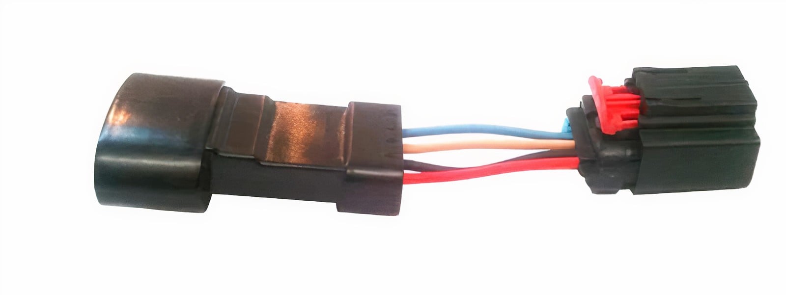 A close-up of a black automotive electrical connector with red, blue, and black wires attached, isolated on a white background.