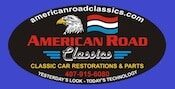 Logo for American Road Classics featuring an eagle, a red, white, and blue flag, and text: Classic Car Restorations & Parts, phone number, and slogan, Yesterdays Lookâ€¦ Todays Technology.