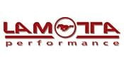 Logo for LaMotta Performance. The word LAMOTTA is in bold red letters, with the O replaced by a Mustang horse emblem. The word performance is below in lowercase, also in red.