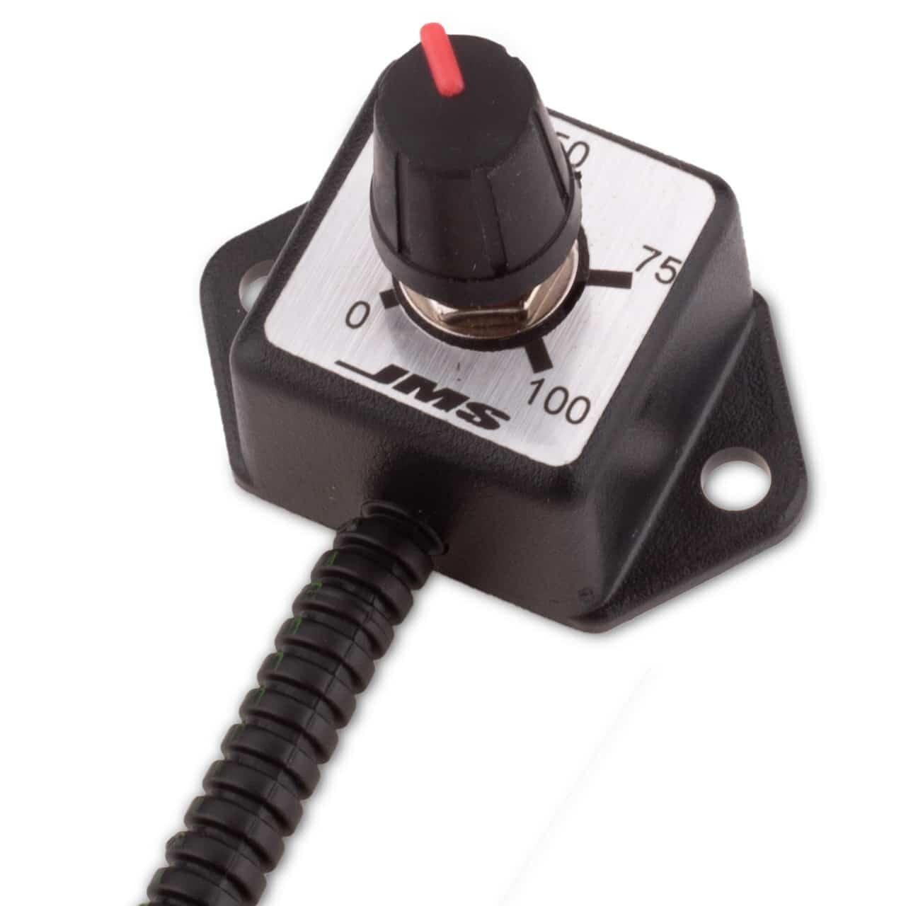 A black rotary dial with a red indicator and numeric scale from 0 to 100, mounted on a square metal plate labeled JMS, with a coiled cable attached at the bottom.