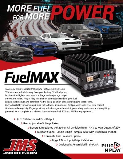 Advertisement for JMS FuelMAX, a fuel pump voltage booster. Includes images of several sports cars and a close-up of the device. Text highlights features such as increased output, plug-and-play design, and user-adjustable voltage.