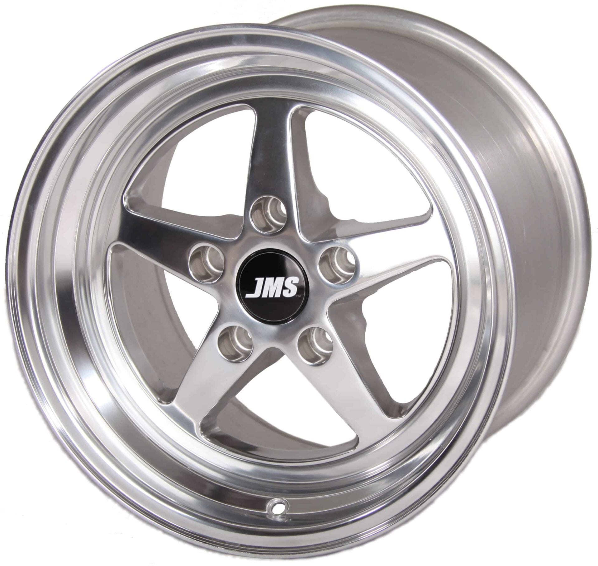 A polished, silver alloy car wheel rim with a five-spoke design and the letters JMS in white on a black center cap. The rim has a shiny, reflective surface and detailed edges.