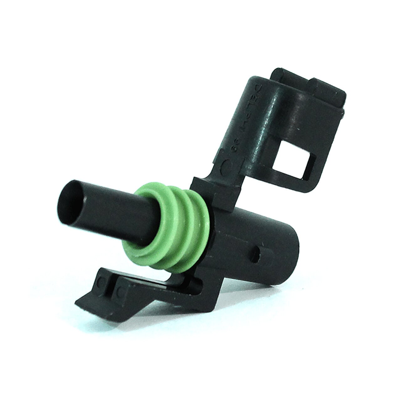 A black plastic automotive sensor with a cylindrical body, a green rubber gasket, and an attached connector port, isolated on a white background.