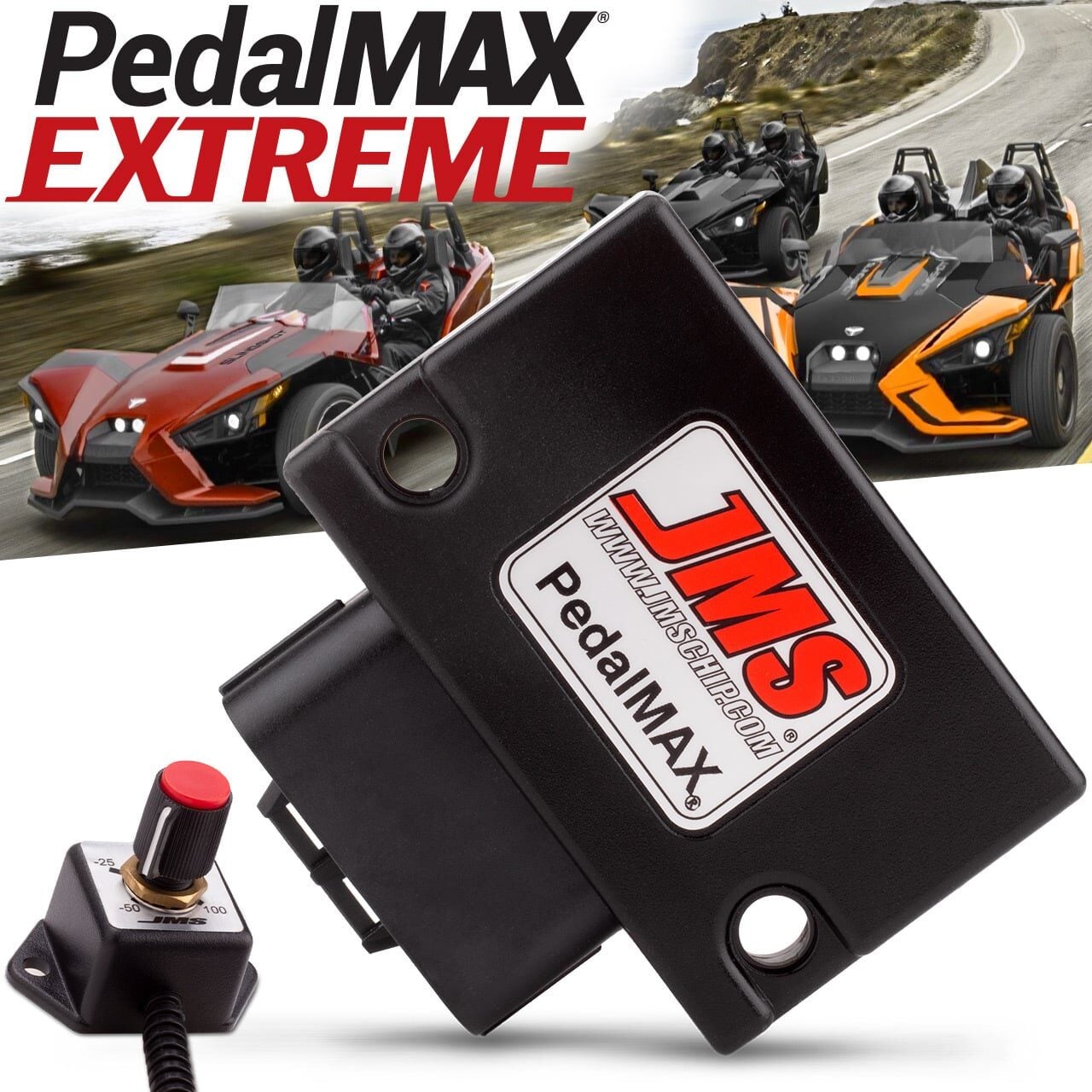 A PedalMAX Extreme device by JMS is shown in the foreground, with a control knob attached. In the background, two three-wheeled vehicles drive on a winding road. The text PedalMAX EXTREME appears at the top.