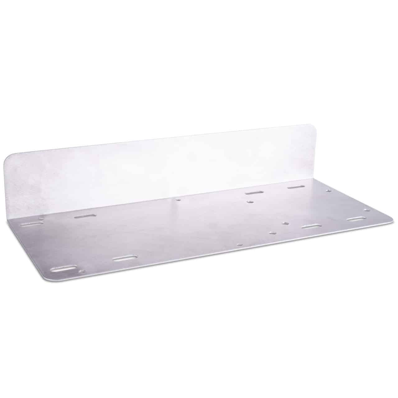 A flat, rectangular metal bracket with a raised edge and multiple slots and holes, likely used for mounting or supporting objects. The surface appears smooth and metallic.