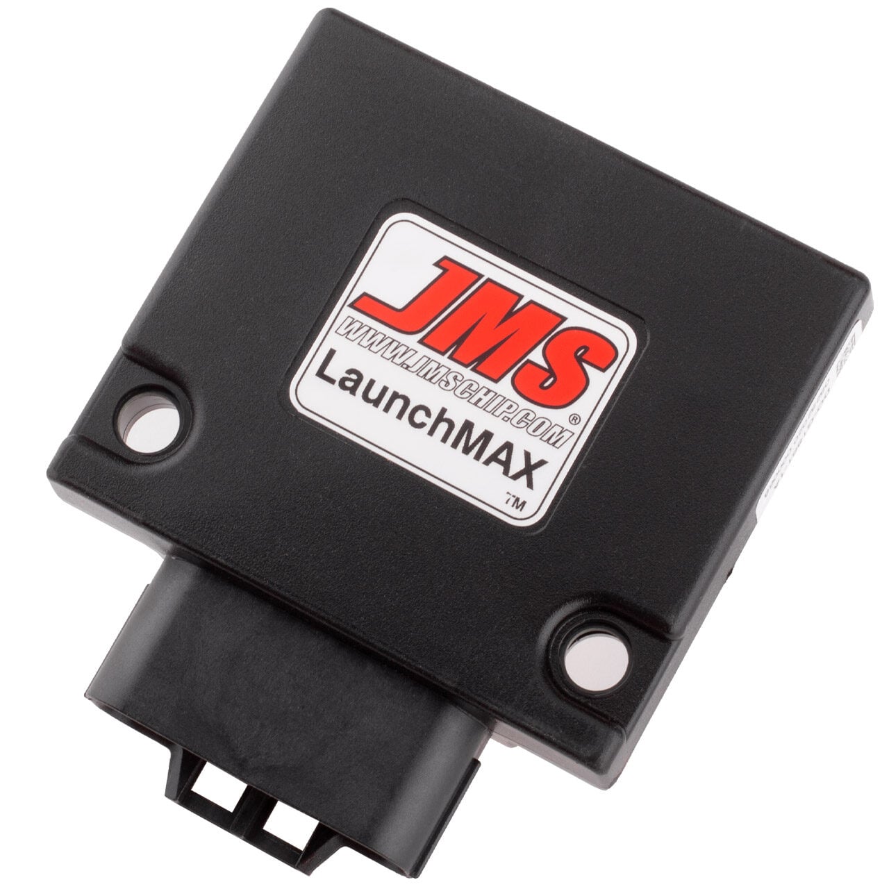 A black electronic module labeled JMS LaunchMAX with a website URL, mounting holes, and a connector port at the bottom.