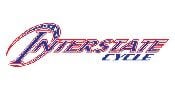 Logo for Interstate Cycle featuring stylized red, white, and blue text with a swooping graphic resembling a road or tire surrounding the letter I on a white background.