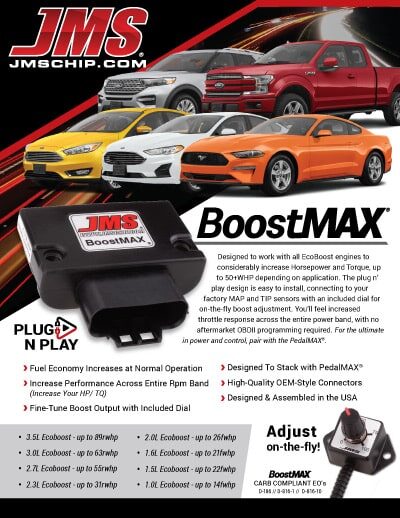 An ad for JMS BoostMAX car performance device shows the product, several modern vehicles, and lists features like increased horsepower, adjustable power, plug-and-play installation, and compatibility with multiple Ford EcoBoost engines.