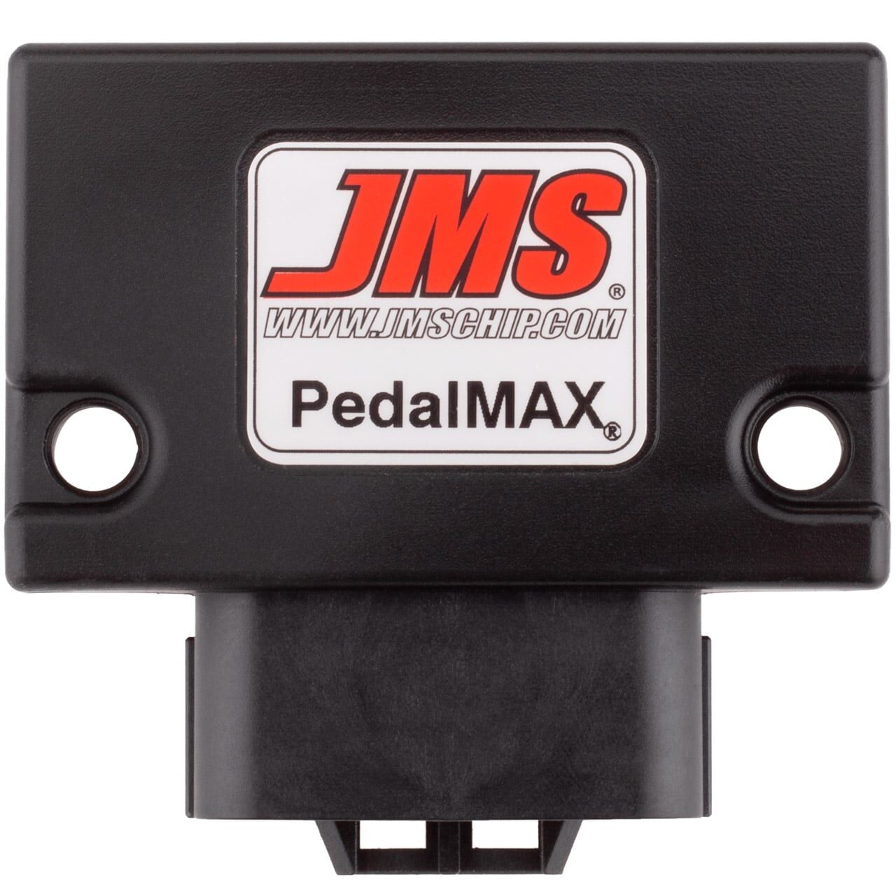 A black electronic module labeled JMS PedalMAX with a website link (www.jmschip.com) on a white sticker, featuring two mounting holes and a connector at the bottom.