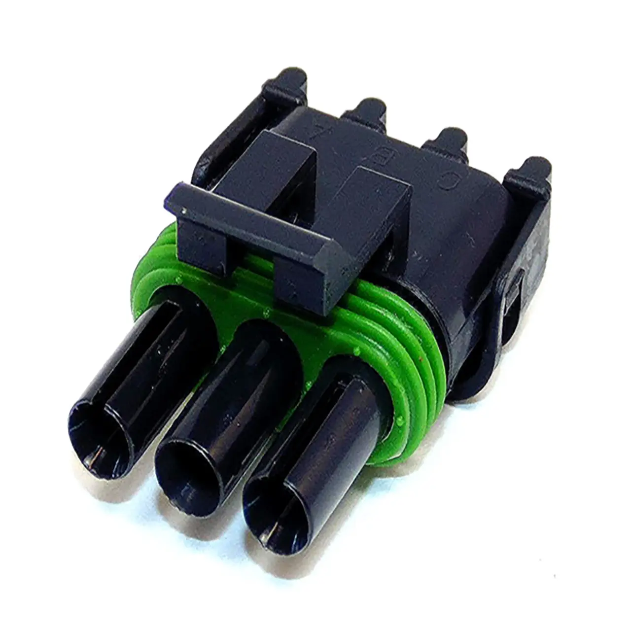 A black three-pin electrical connector with a green sealing ring, designed for automotive or electronic wiring applications, shown on a white background.