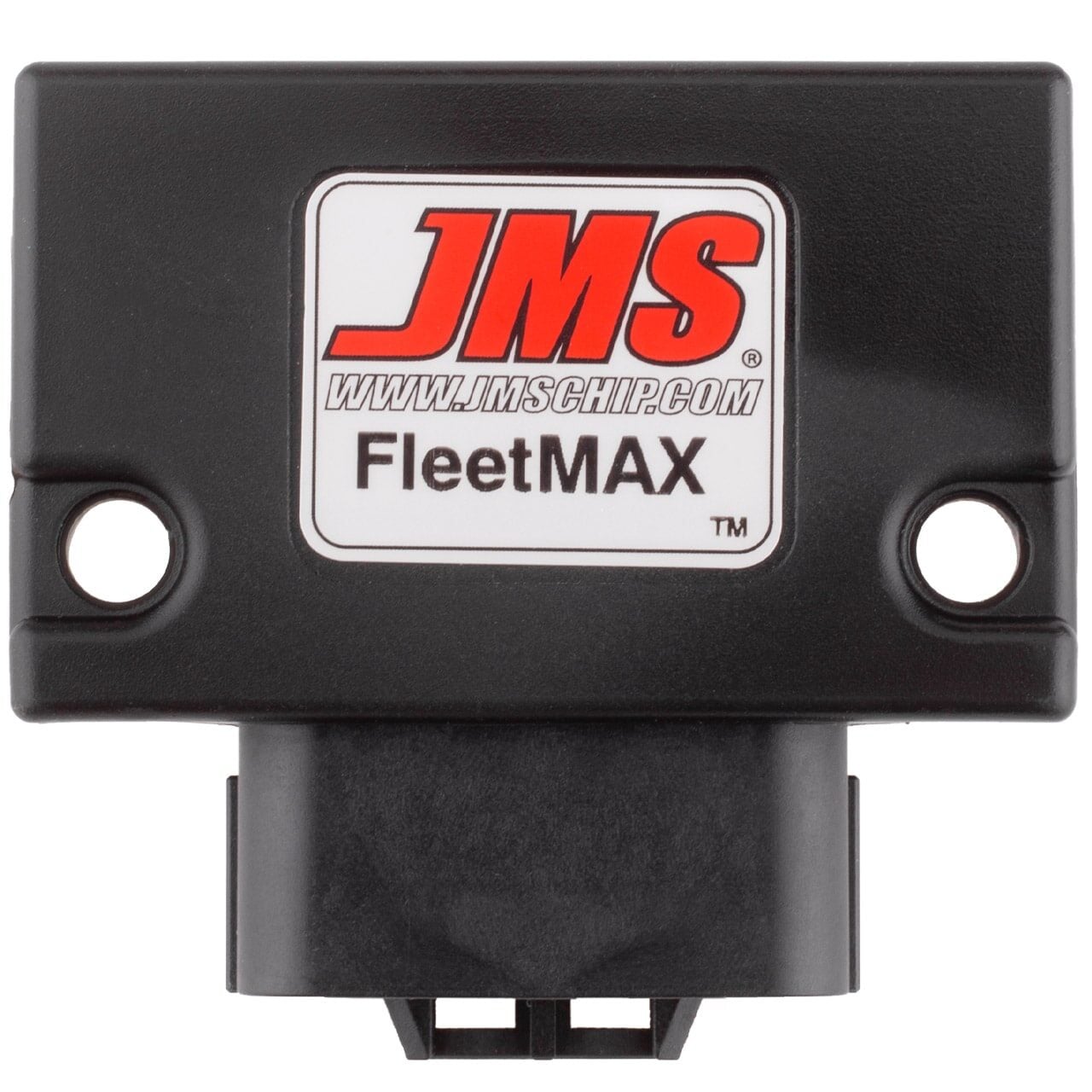 A black JMS FleetMAX automotive module with a white label displaying the red JMS logo, website, and product name. The device has two mounting holes and a connector at the bottom.