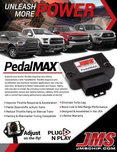 Advertisement showing three pickup trucks and a PedalMAX device. Text highlights features like improved throttle response, boost in mid-range performance, and easy plug-and-play installation, with a lifetime warranty.