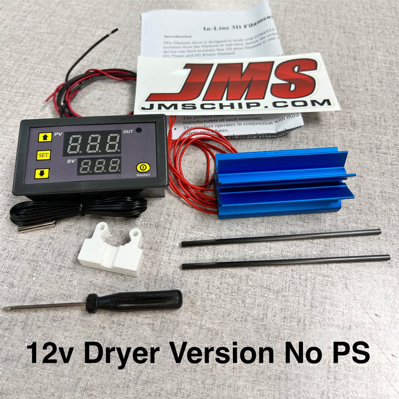 A 12V dryer kit is displayed, including a digital control panel, wires, heatsink, white brackets, rods, screwdriver, and a JMSCHIP.com sticker, with â€œ12v Dryer Version No PSâ€ text at the bottom.