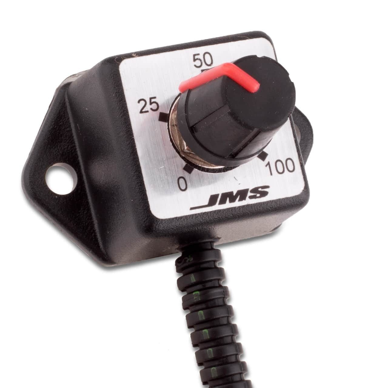 A black rotary dial with a red pointer mounted on a silver plate marked 0 to 100 in increments of 25, labeled JMS, and attached to a coiled cable.